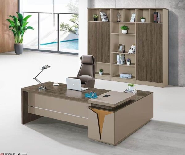 Modern L-Shaped Executive Desk  Khaki & Walnut Finish