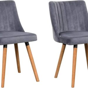 Set of 2 Dark Grey Velvet Dining Chairs with Wood Legs