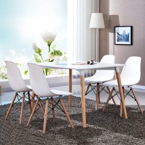Eames Style 5-Piece Dining Set with White Chairs and Wood Table