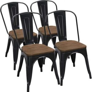 Set of 4 Black Metal Dining Chairs with Wood Seat