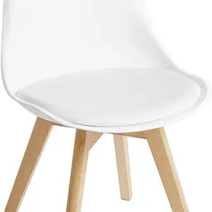 White Modern Dining Chair with Leather Seat and Wooden Legs