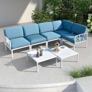 Blue L-Shaped Outdoor Sofa Set with Table