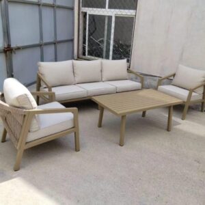 Beige Rope Weave & Wood-Effect Outdoor Lounge Set
