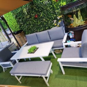 Grey Wicker Sectional Sofa Set with Dark Cushions