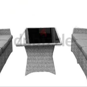Grey and White Outdoor Dining/Lounge Set with Bench and Coffee Table
