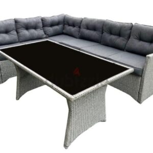 White Frame Outdoor Lounge Set with Grey Cushions and Inset Planter Coffee Table