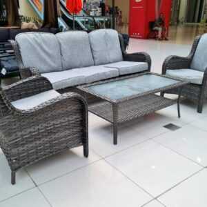 White Frame Outdoor Lounge Set with Wooden Armrests and Grey Cushions