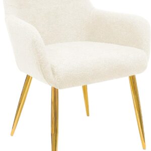 White Lamb Wool Dining Chair with Gold Legs and Armrests